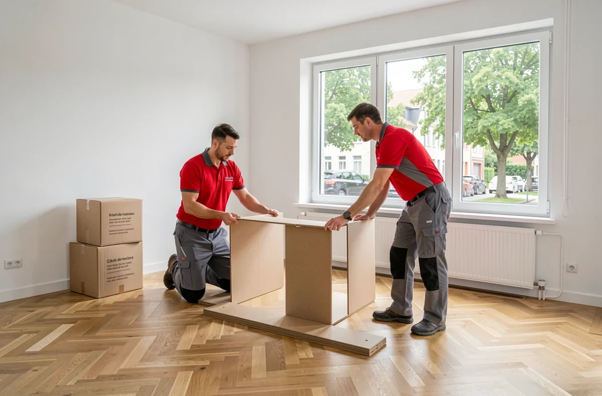 Deux déménageurs ADC Déménagements assemblant des meubles dans un appartement moderne à Strasbourg