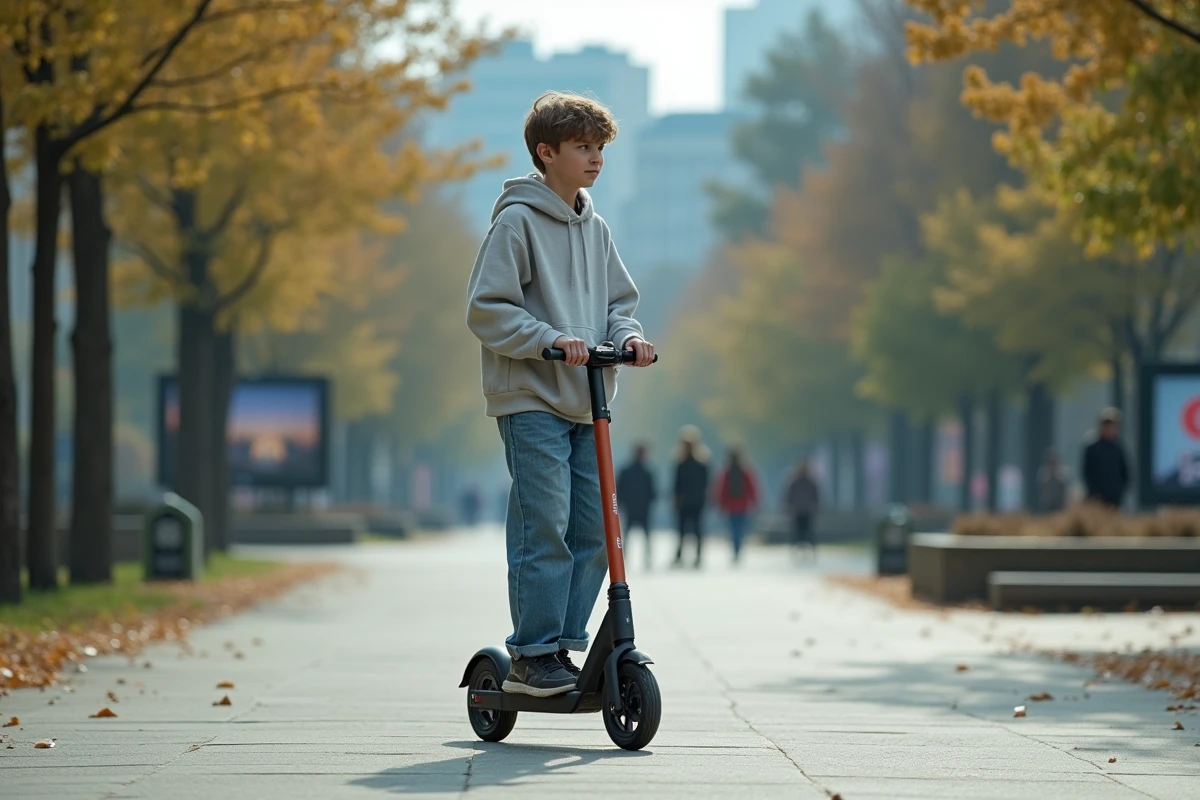 Jeune garçon roulant en scooter dans un parc urbain animé
