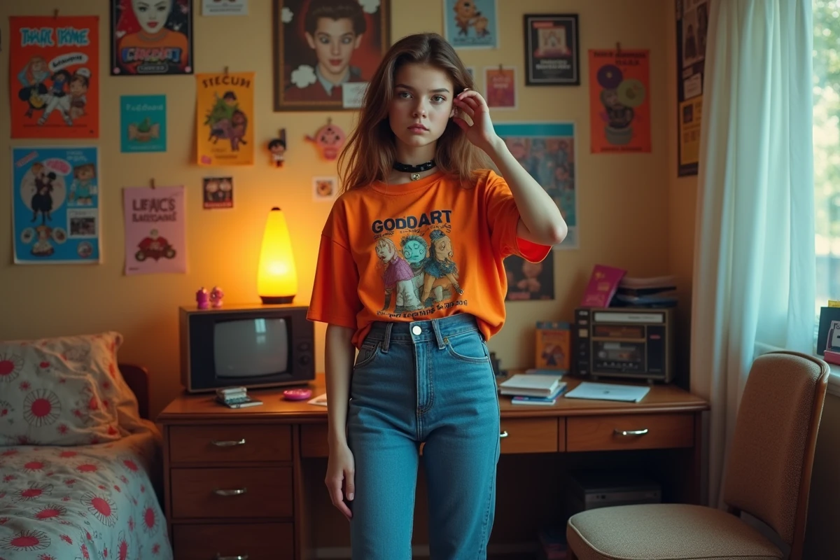 Jeune fille dans sa chambre décorée années 90