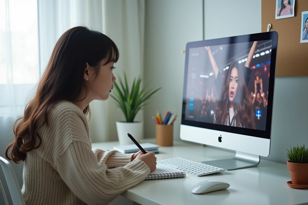 Adolescente prenant des notes sur le groupe 3PIECE en regardant une performance K-pop sur son ordinateur de bureau