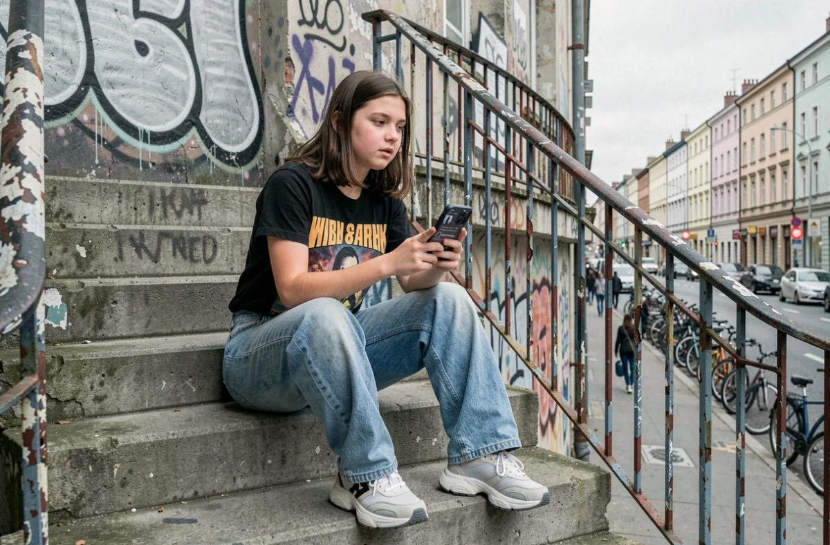 Adolescente découvrant la musique d'un artiste sur une appli de streaming depuis un escalier urbain, smartphone en main
