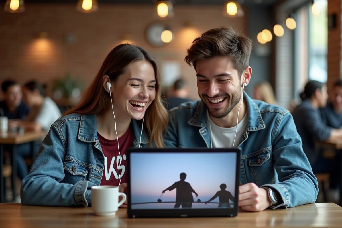 Deux amis découvrant ensemble la K-pop et le groupe 3PIECE sur un ordinateur portable dans un café urbain