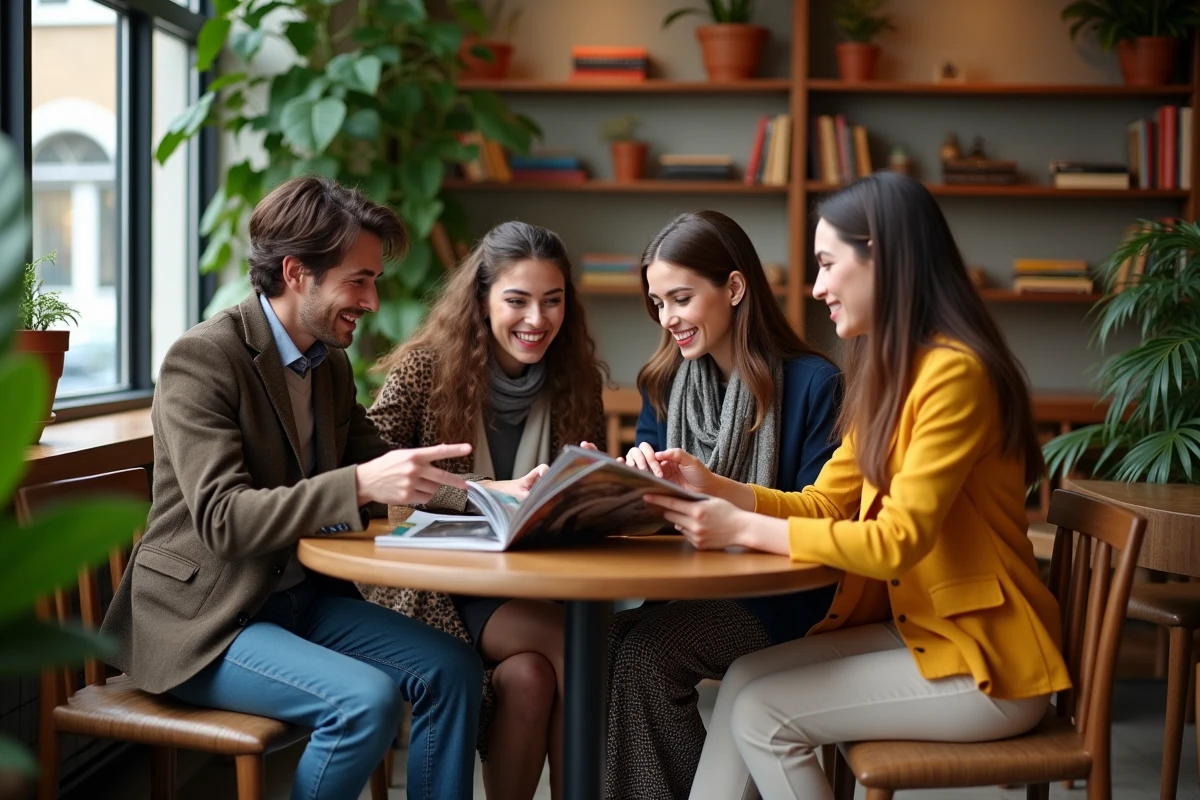 Groupe d amis discutant dans un café avec magazine mode