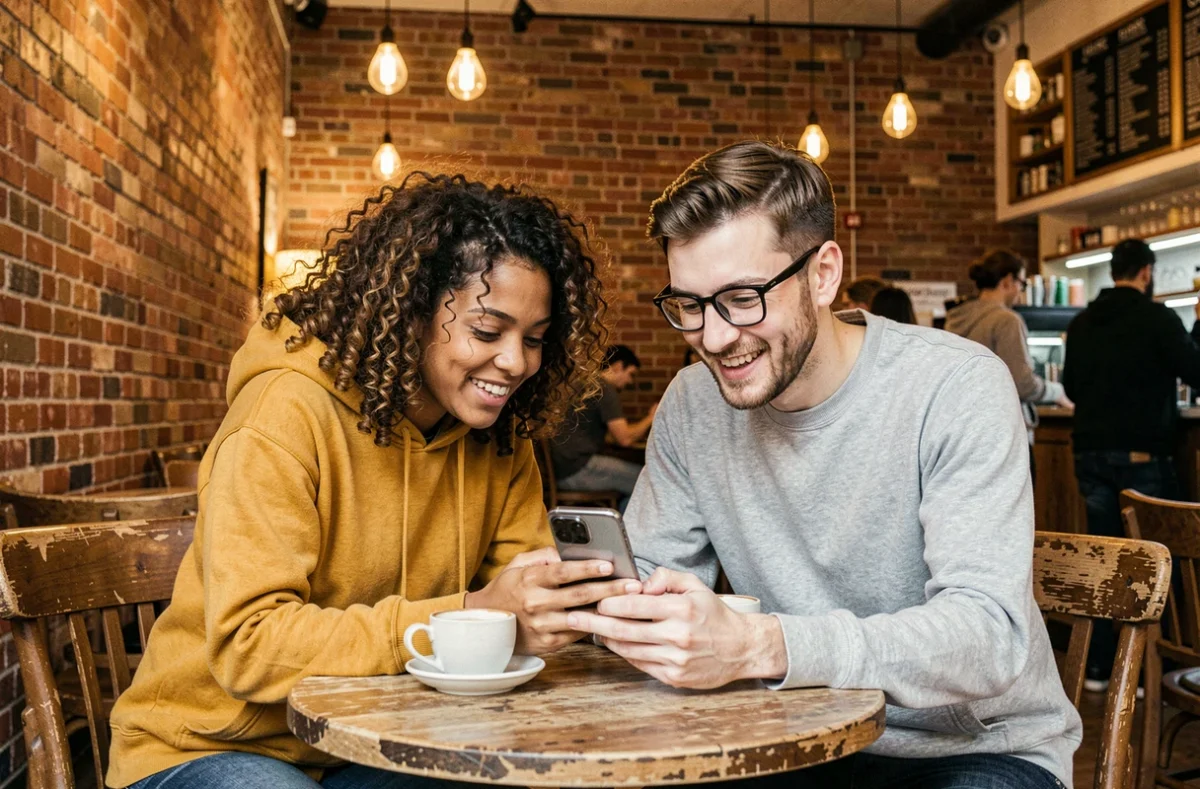 Deux amis explorant ensemble des catégories de contenu sur un smartphone dans un café urbain