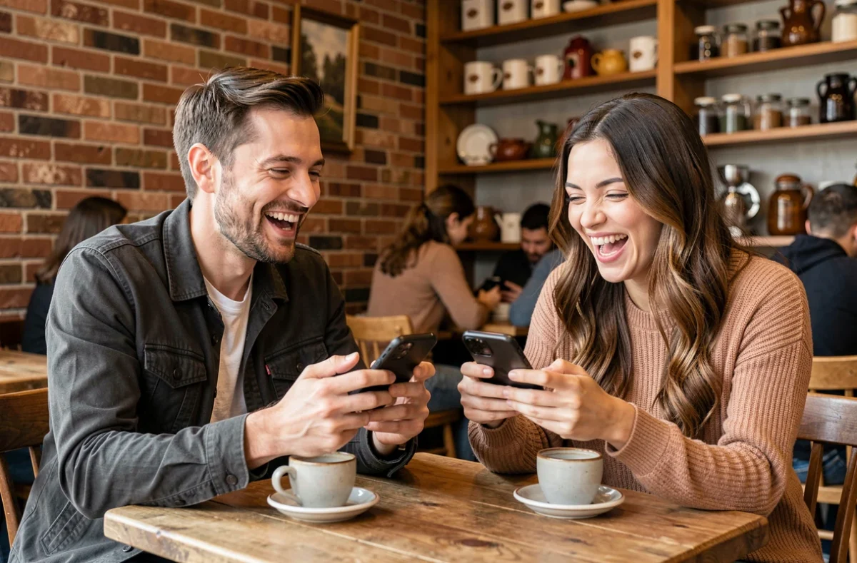 Deux amis jouant à des jeux mobiles gratuits ensemble dans un café