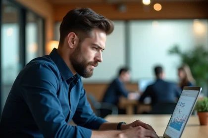 Analyste financier masculin étudiant des graphiques de performance d'investissement sur ordinateur portable dans un bureau moderne
