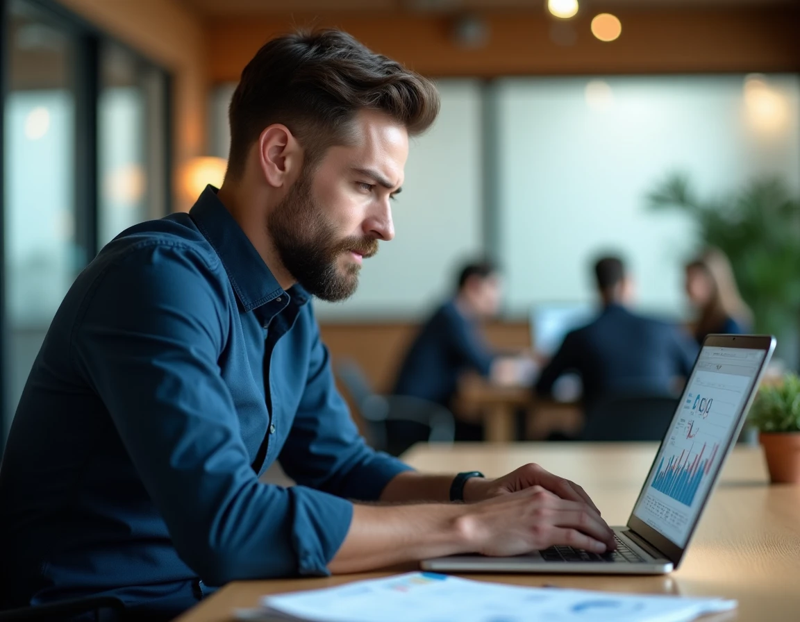 Analyste financier masculin étudiant des graphiques de performance d'investissement sur ordinateur portable dans un bureau moderne