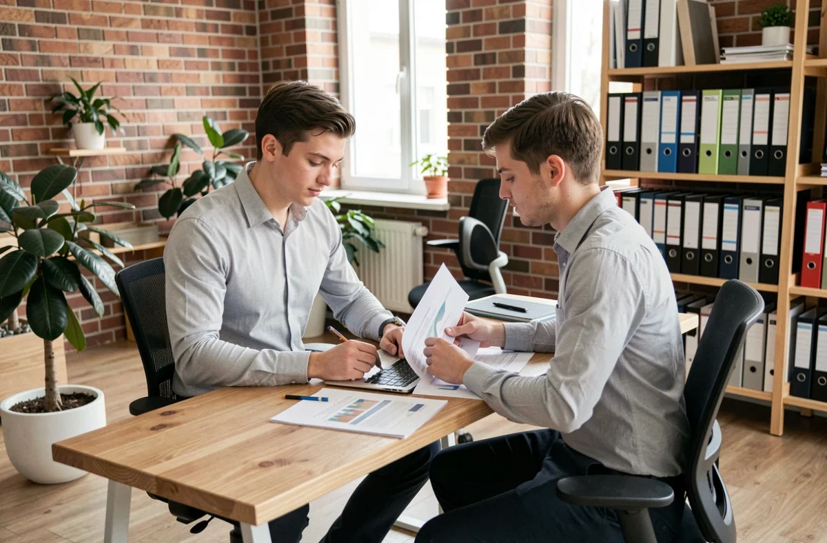 Apprenti en période de formation professionnelle travaillant sur des documents et un ordinateur portable dans un espace de coworking