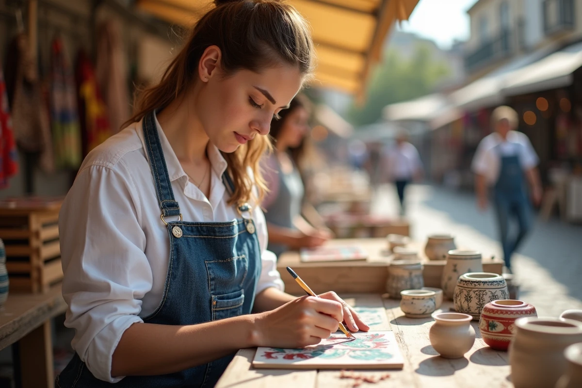 Jeune artisane peignant des carreaux en céramique en plein air