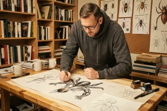 Artiste de bande dessinée travaillant sur des croquis du personnage Man Spider dans son studio créatif