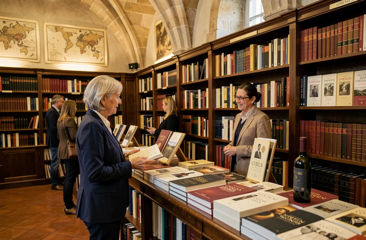 Intérieur de l'Athénéum à Beaune avec ses voûtes en pierre et ses rayons consacrés à l'art et aux livres sur la Bourgogne