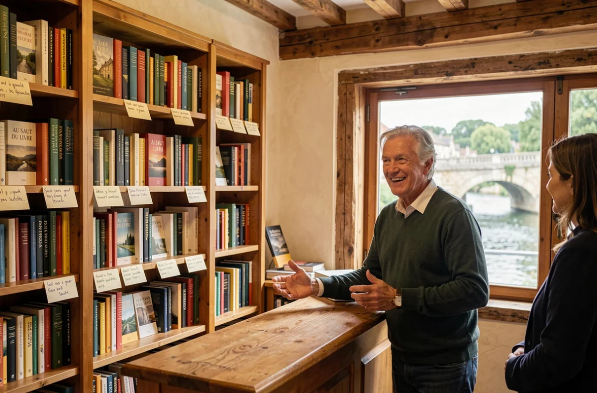 Intérieur de la librairie Au Saut du Livre à Joigny avec poutres en chêne et vue sur l'Yonne en arrière-plan