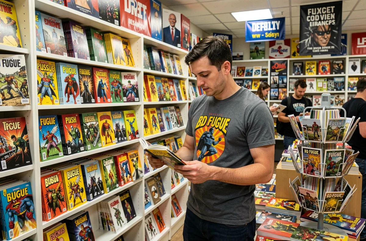 Intérieur de la librairie BD Fugue à Besançon avec des rayons de bandes dessinées et des présentoirs colorés