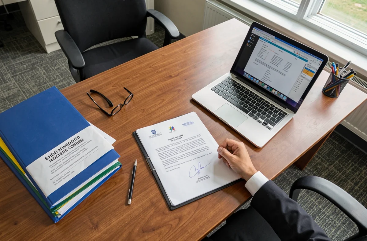 Bureau administratif avec dossiers et contrat signé pour un agrément