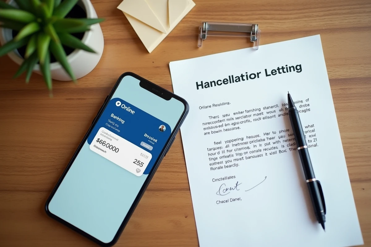 Vue en plongée d'un bureau avec smartphone affichant un prélèvement bancaire et lettre de résiliation manuscrite