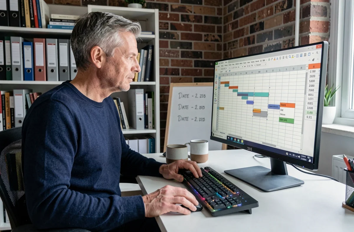Homme calculant le nombre de jours entre deux dates sur un tableau de bord de gestion de projet sur ordinateur