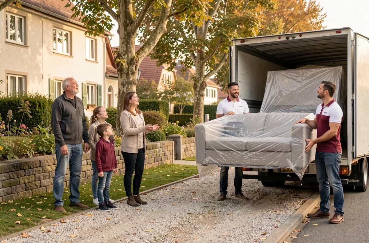 Une famille regardant des déménageurs de Charl'antoine Déménagements Logistique décharger leur canapé dans un quartier résidentiel de Strasbourg