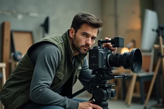 Cinéaste professionnel en train de cadrer une scène derrière une caméra de cinéma sur un plateau de tournage, atmosphère de coulisses authentique