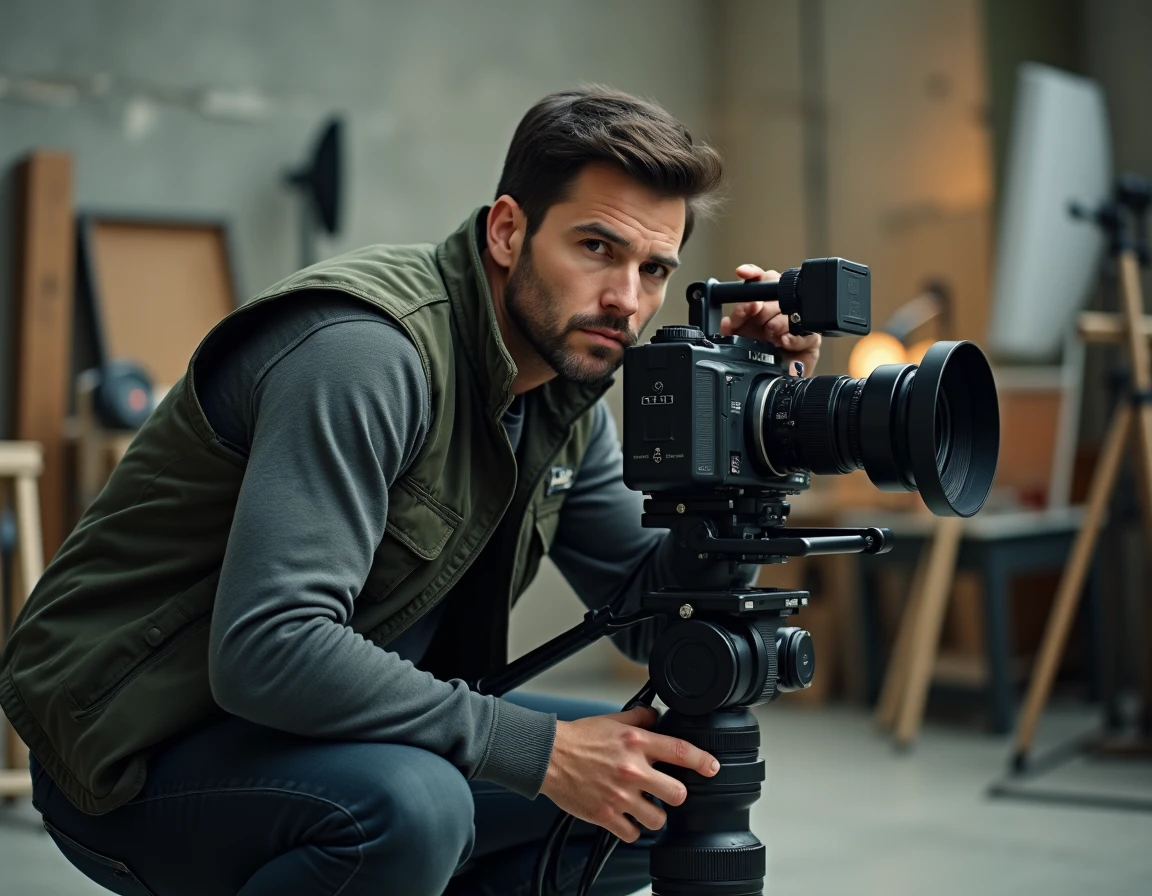 Cinéaste professionnel en train de cadrer une scène derrière une caméra de cinéma sur un plateau de tournage, atmosphère de coulisses authentique