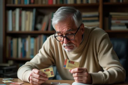 Collectionneur de cartes téléphoniques examinant une carte suspecte à la loupe sur un bureau en bois couvert de spécimens vintage