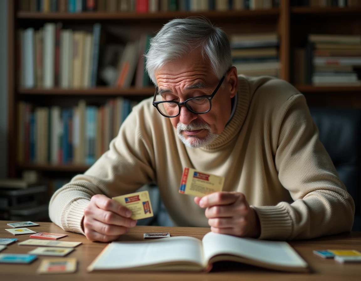 Collectionneur de cartes téléphoniques examinant une carte suspecte à la loupe sur un bureau en bois couvert de spécimens vintage