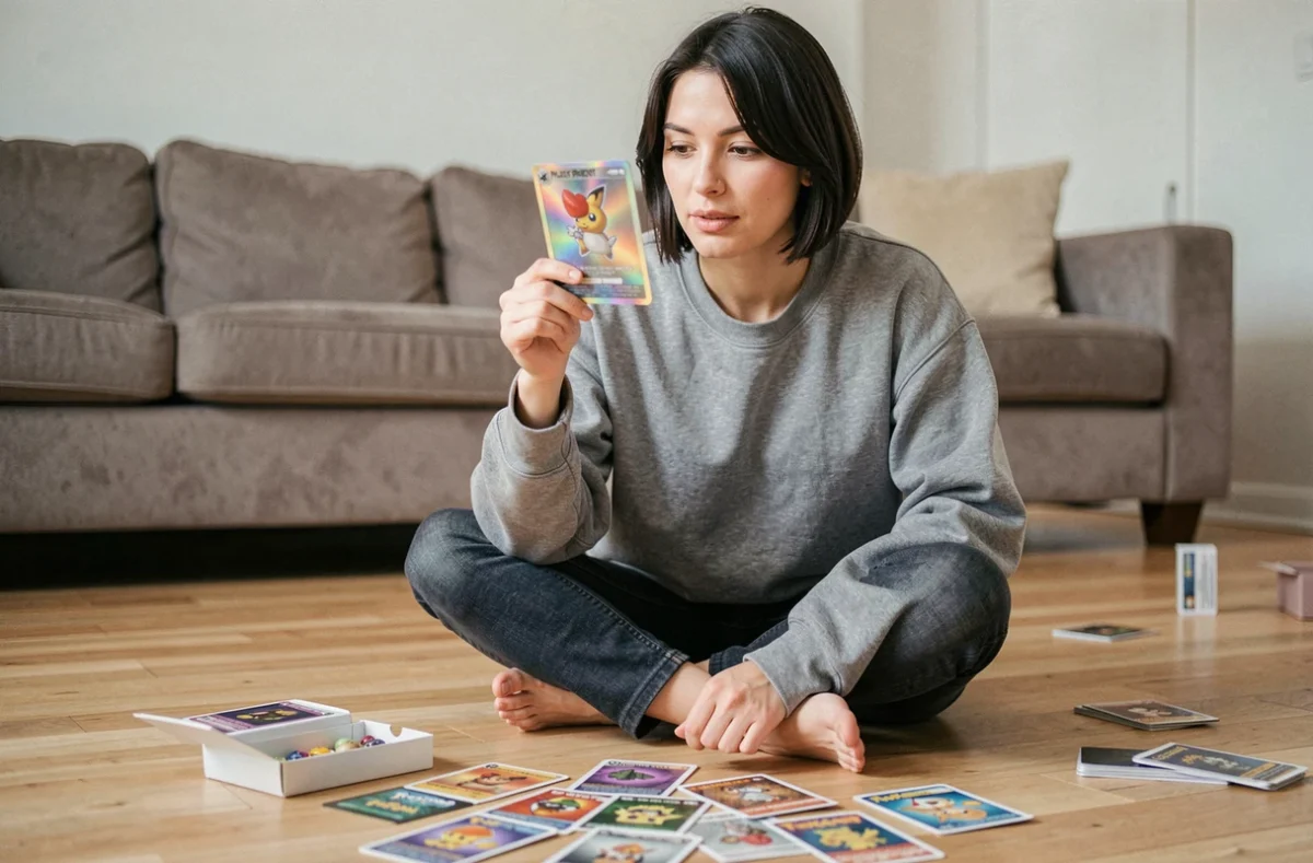 Collectionneuse examinant une carte holographique Pokémon après l'ouverture d'un ETB Ensemble EV09