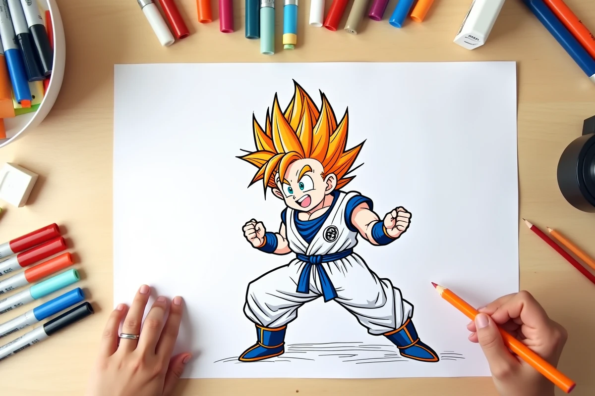 Vue aérienne d'une planche de coloriage Dragon Ball Z imprimée entourée de feutres et crayons colorés