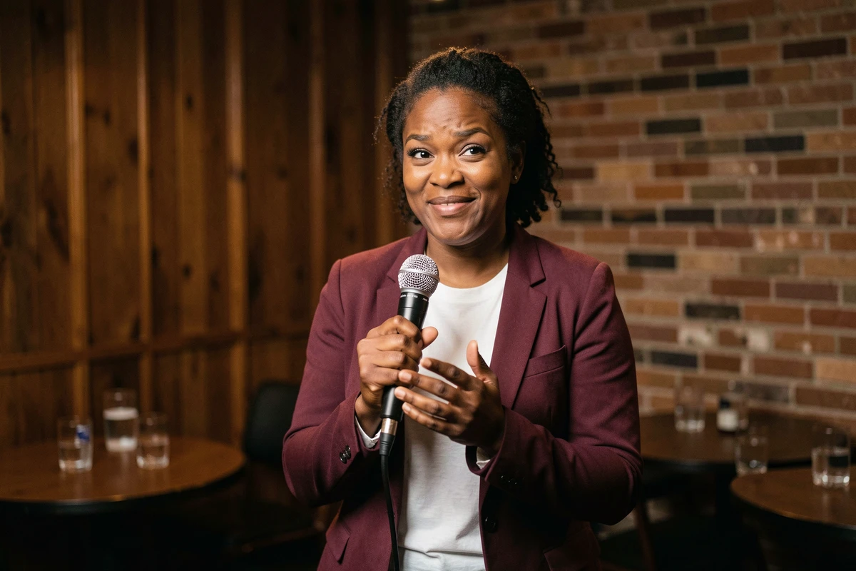 Comédienne noire sur scène dans un club de stand-up, exprimant une liberté de ton et d'humour avec assurance