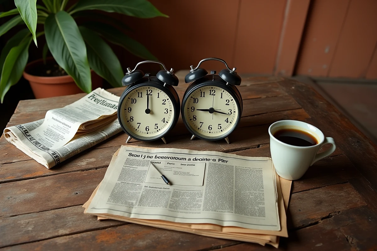 Deux horloges analogiques côte à côte représentant l'heure de Paris et de Pointe-à-Pitre sur une table en bois avec objets du quotidien