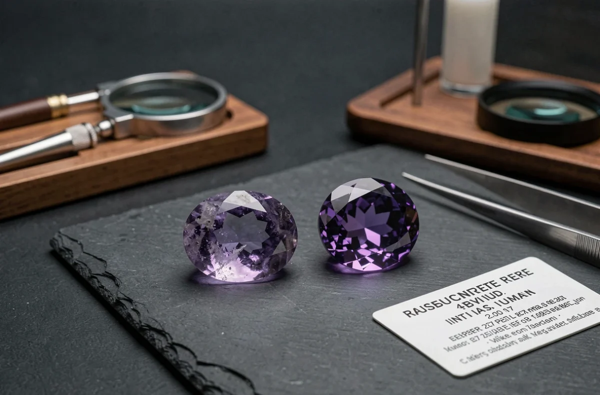 Comparaison côte à côte d'une vraie pierre violette améthyste et d'une imitation en verre, pour identifier les différences visuelles