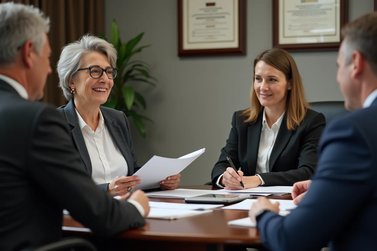 Femme consultant un conseiller juridique dans un bureau pour préparer sa défense contre des actes de harcèlement