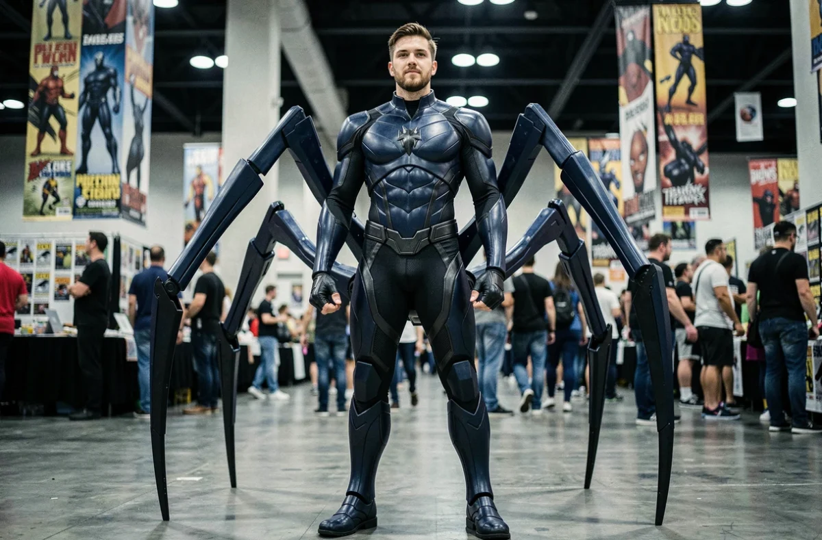 Cosplayer en costume détaillé de Man Spider lors d'une convention de bande dessinée