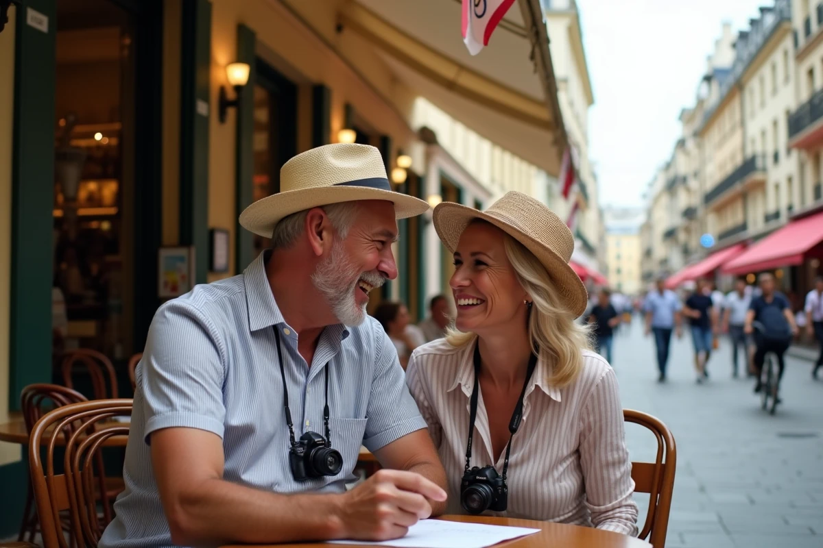 Couple riant dans un café parisien animé