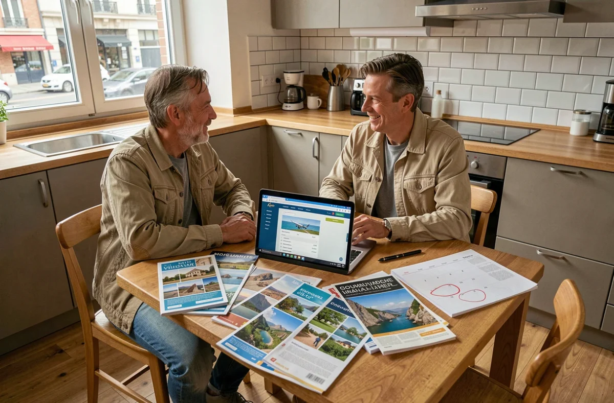 Couple planifiant un voyage à la maison en consultant un calendrier des jours fériés 2026 et des offres de vols