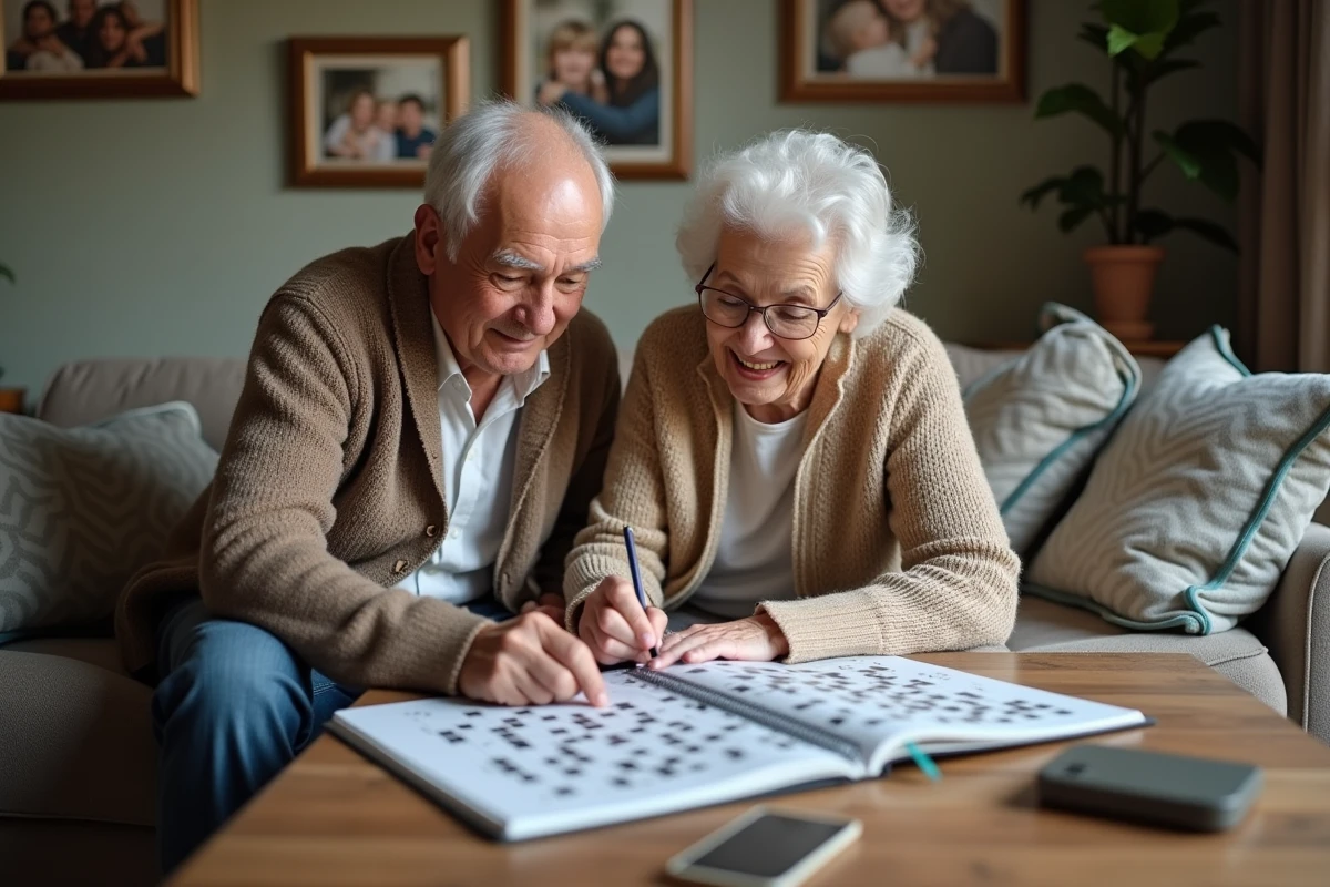 Deux personnes âgées collaborant ensemble sur un livre de mots fléchés grand format posé sur une table basse dans un salon chaleureux et authentique