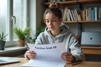 Jeune femme débutante découvrant le guide Epsilon Scan FR à son bureau à domicile