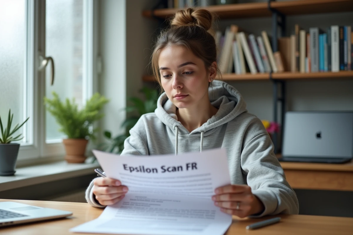 Jeune femme débutante découvrant le guide Epsilon Scan FR à son bureau à domicile
