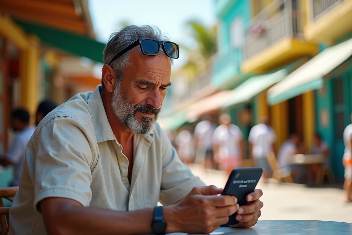 Homme consultant son smartphone affichant deux fuseaux horaires France et Guadeloupe attablé dans un café de rue en Guadeloupe