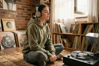 Jeune femme écoutant de la musique au casque entourée de vinyles dans un appartement cosy, évoquant la découverte d'un artiste musical