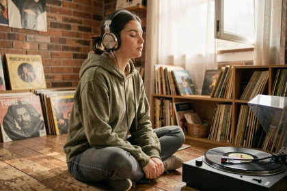 Jeune femme écoutant de la musique au casque entourée de vinyles dans un appartement cosy, évoquant la découverte d'un artiste musical