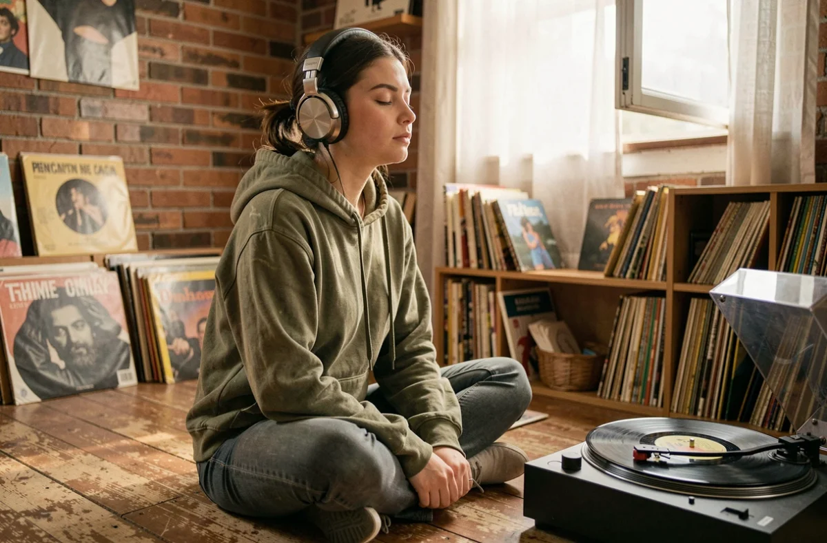 Jeune femme écoutant de la musique au casque entourée de vinyles dans un appartement cosy, évoquant la découverte d'un artiste musical