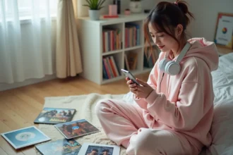 Jeune femme découvrant le groupe de K-pop 3PIECE sur son smartphone entourée d'albums coréens dans sa chambre