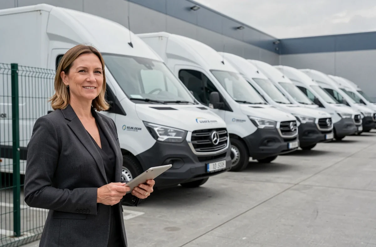 Coordinatrice de Demexpert supervisant une flotte de camions de déménagement dans un dépôt logistique près de Strasbourg