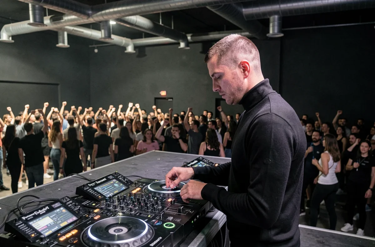 DJ masculin en action sur platines vinyle dans une salle techno minimaliste avec foule en arrière-plan