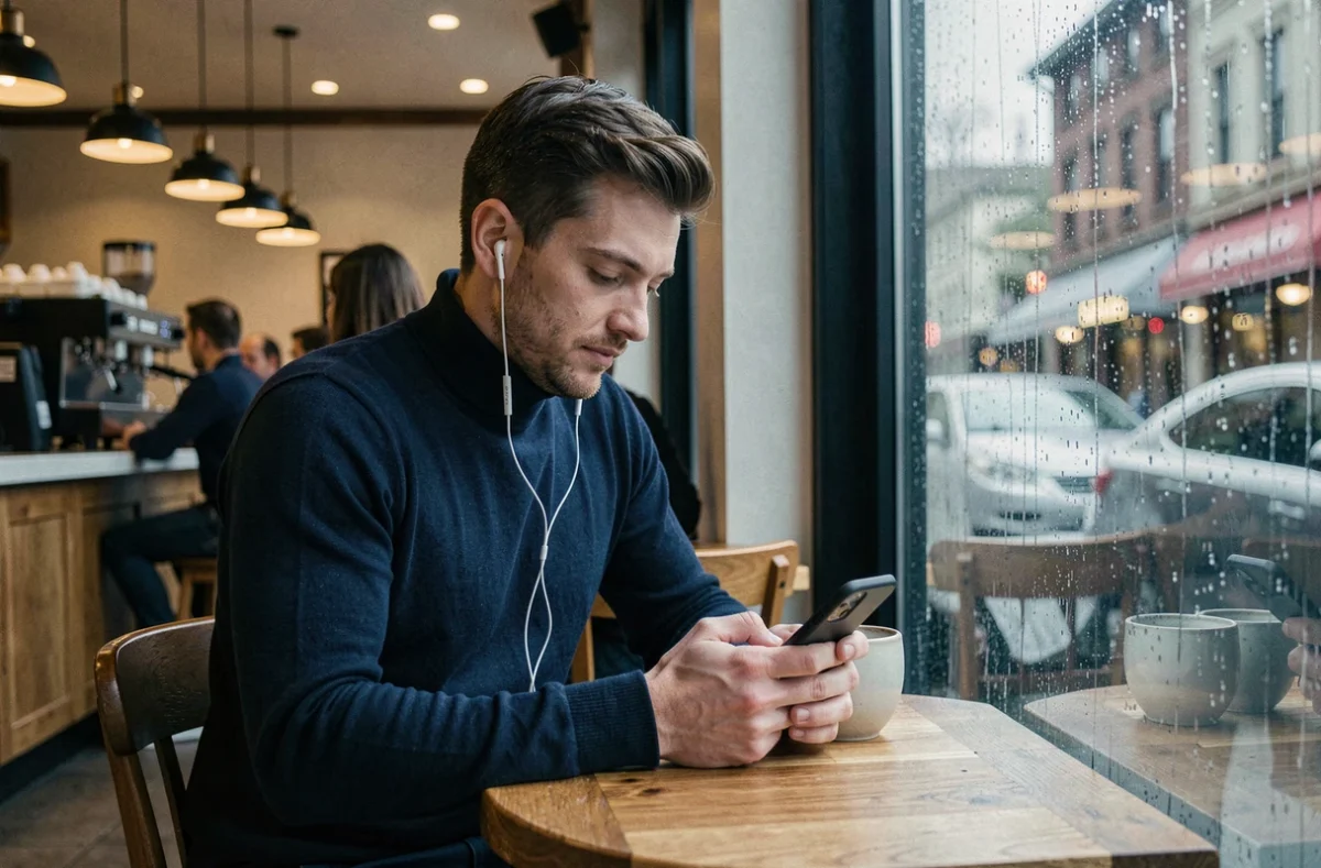 Homme écoutant de la musique avec des écouteurs dans un café pluvieux, explorant une playlist sur son smartphone