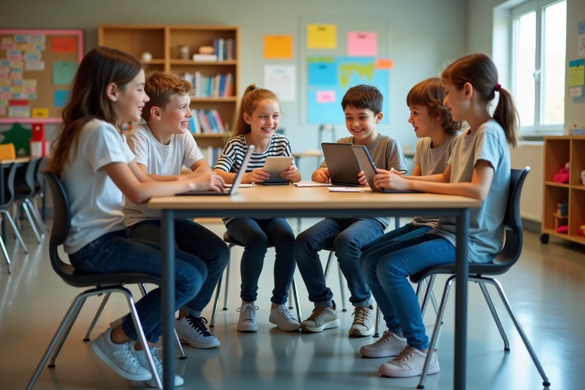 Enfants modernes en classe avec tablettes et livres