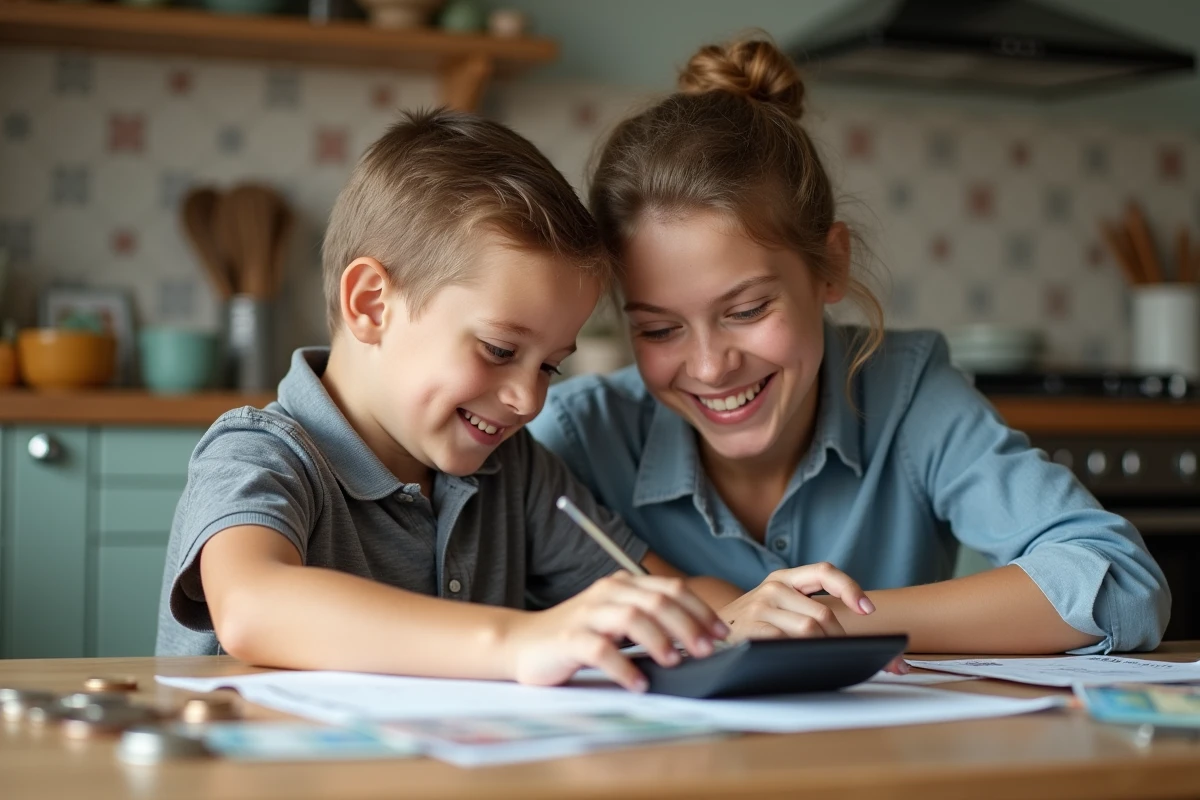 Garçon et sa mère travaillant sur un budget avec des pièces et un calculateur