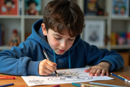Adolescent coloriant une planche Dragon Ball Z imprimée à son bureau avec des crayons de couleur