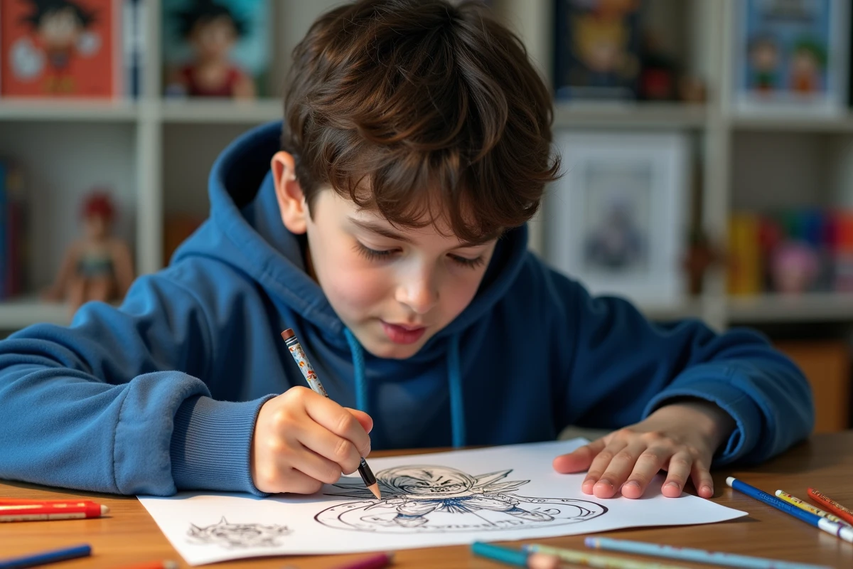 Adolescent coloriant une planche Dragon Ball Z imprimée à son bureau avec des crayons de couleur