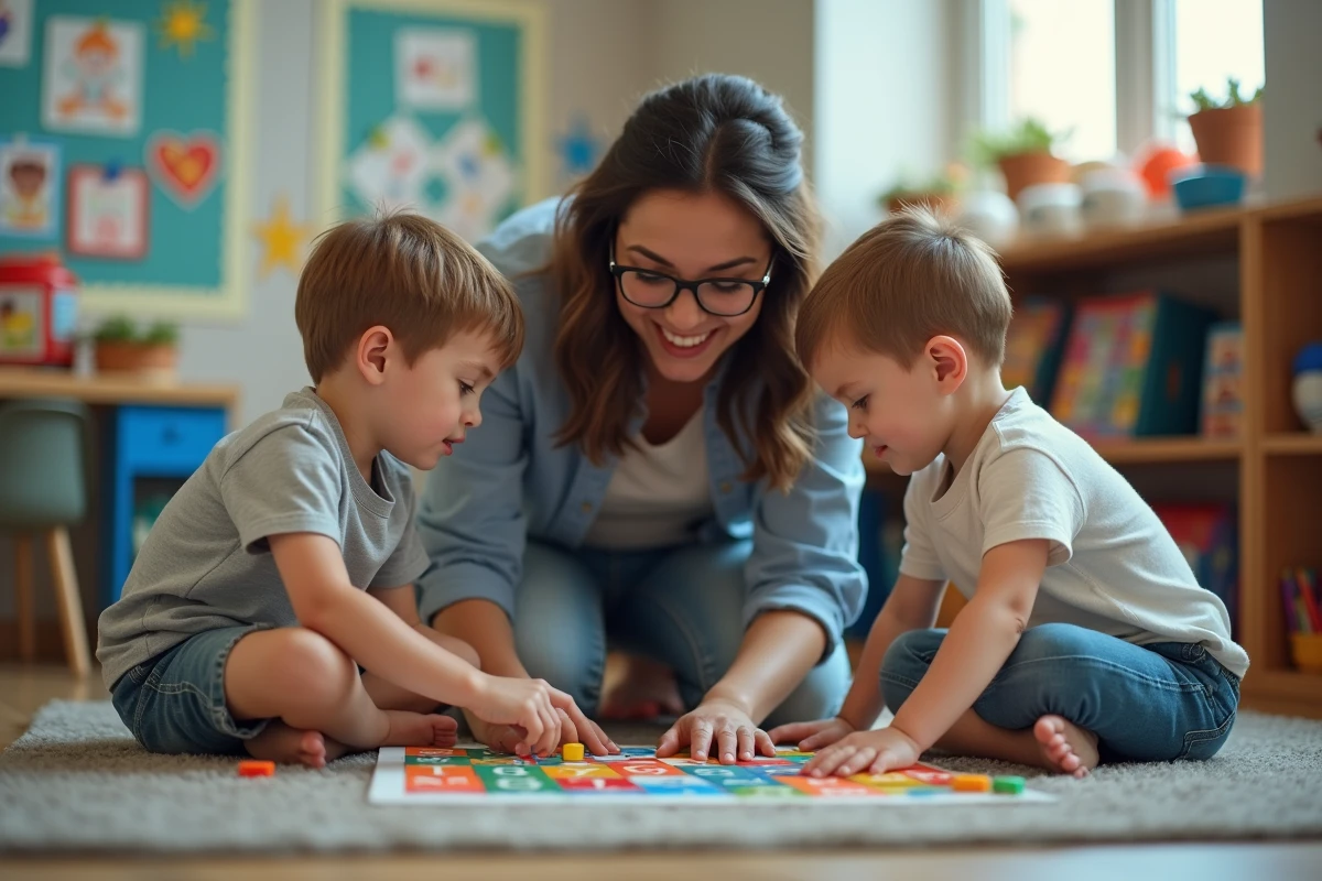 Jeune enseignante aidant deux enfants à un jeu éducatif